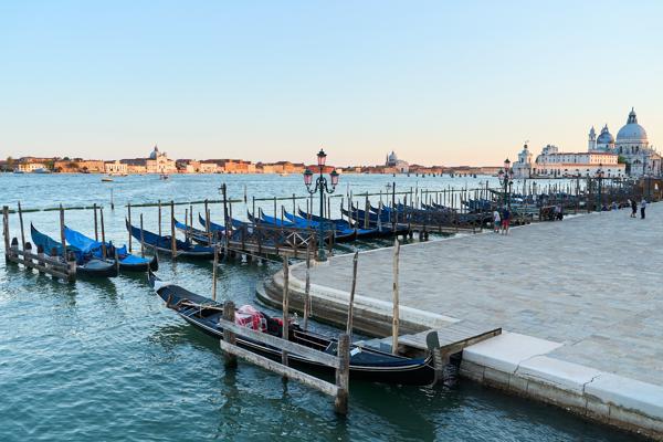 Gondolas near Piazza San Marco. Venice, Italy. 2020.